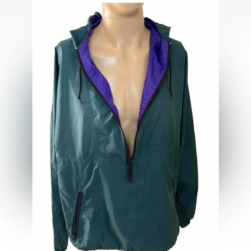 Vntg HELLY HANSEN M Jacket Mens Hooded 1/2 Zip Nylon Windbreaker Pullover Green